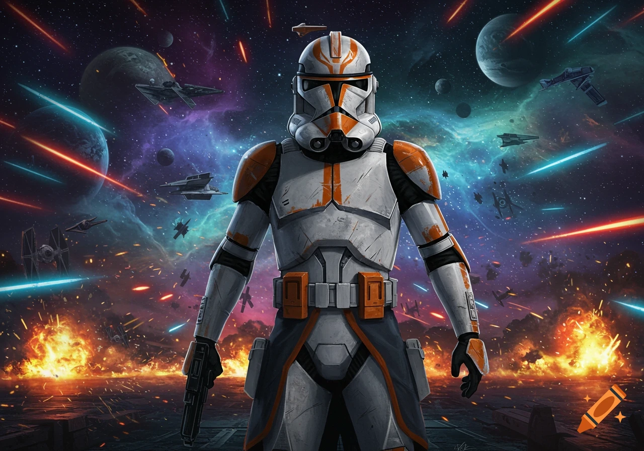 Commander Cody, a clone trooper in white and orange armor, stands in an epic space battle with planets, laser fire, and explosions.