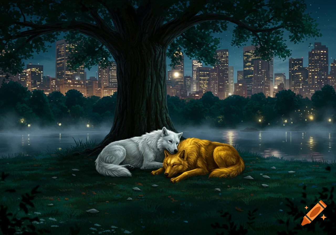 A white and a golden direwolf rest under a large tree in a park at night, with a misty lake and illuminated city skyline in the background.