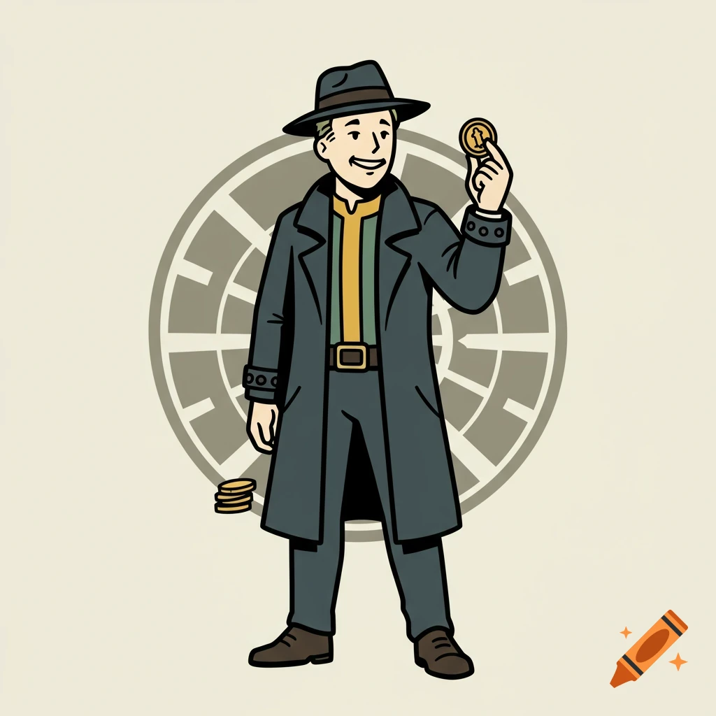 A cartoon man in a trench coat and fedora, in the style of Fallout's Vault Boy, holds up a gold coin with a symbol on it. Another stack of coins is near his feet. A circular emblem is in the background.