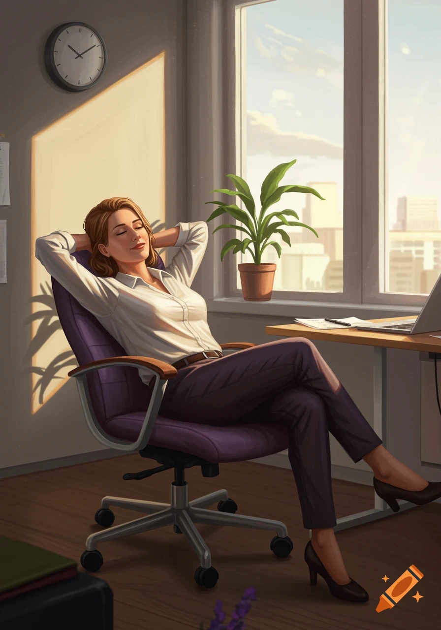 A woman in a white shirt and dark pants relaxes in a purple office chair, eyes closed, hands behind her head, basking in sunlight from a window. An office setting.