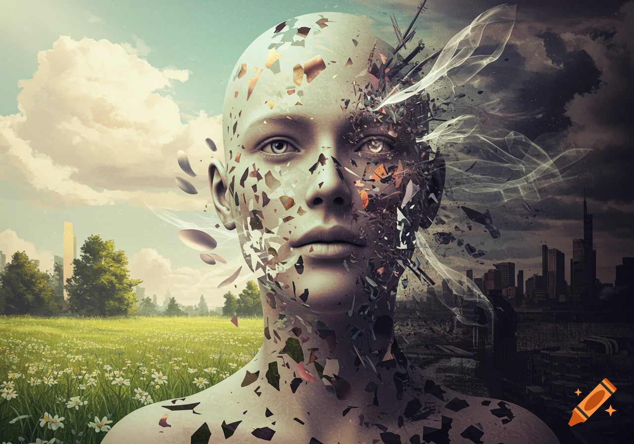A surreal digital art image of a human head splitting, one side fragmented into a dark cityscape, the other showing a peaceful grassy landscape.