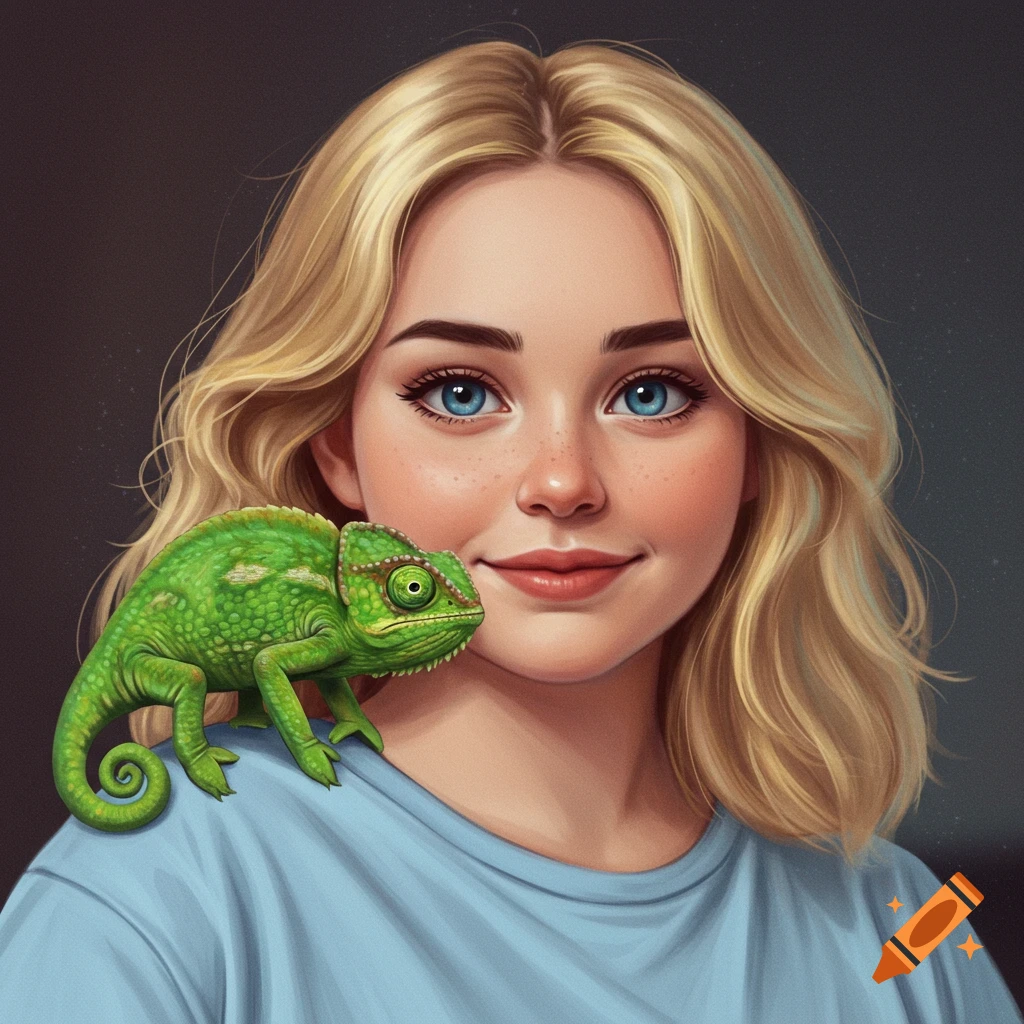 A digital art portrait of a blonde woman with blue eyes and freckles, smiling with a green chameleon on her shoulder.