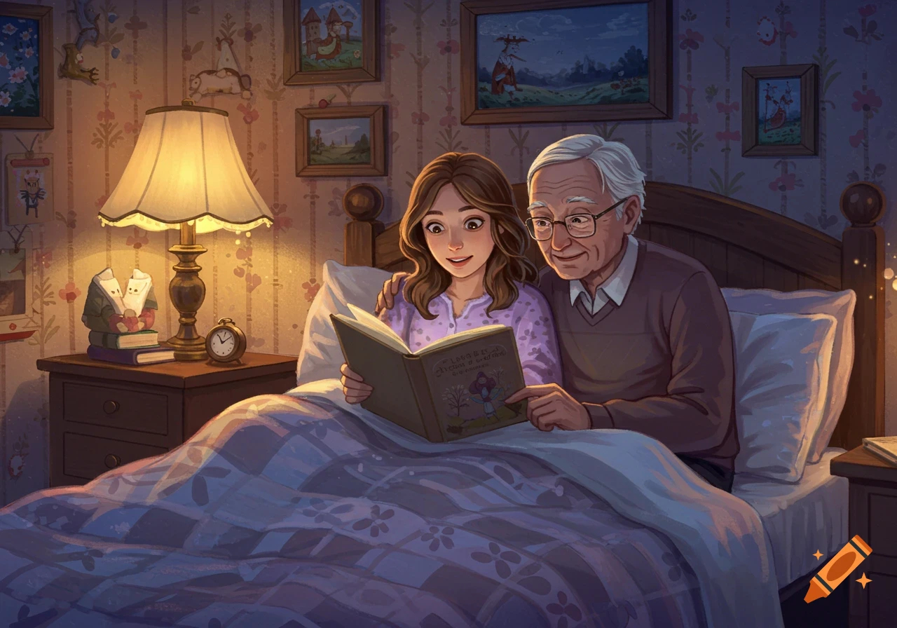 An old man and a young woman are reading a book together in bed, illuminated by a bedside lamp in an illustrated style.