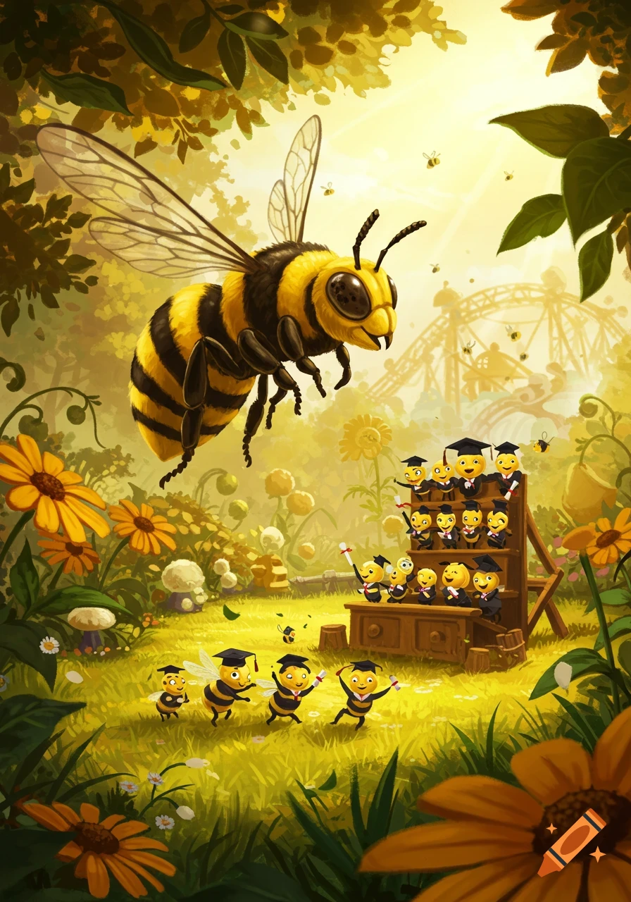 A large cartoon bee flies over a field of yellow flowers where smaller bees in graduation caps and gowns celebrate.