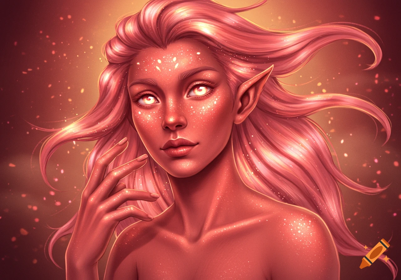 Digital art portrait of a glowing pink-skinned fantasy character with rose gold hair.