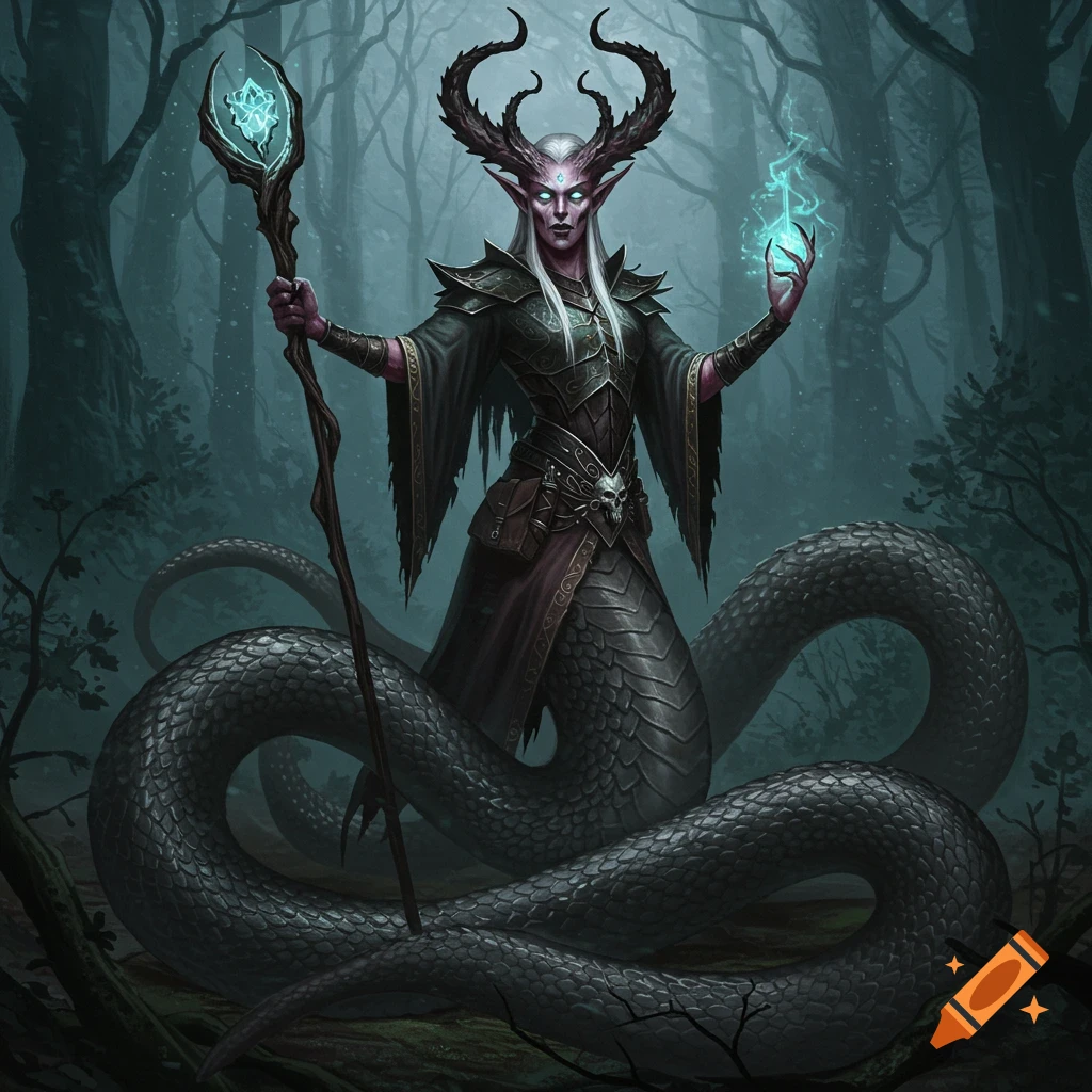 A dark fantasy digital painting of a horned elf creature with a snake body, holding a glowing staff and magical energy in a misty forest.