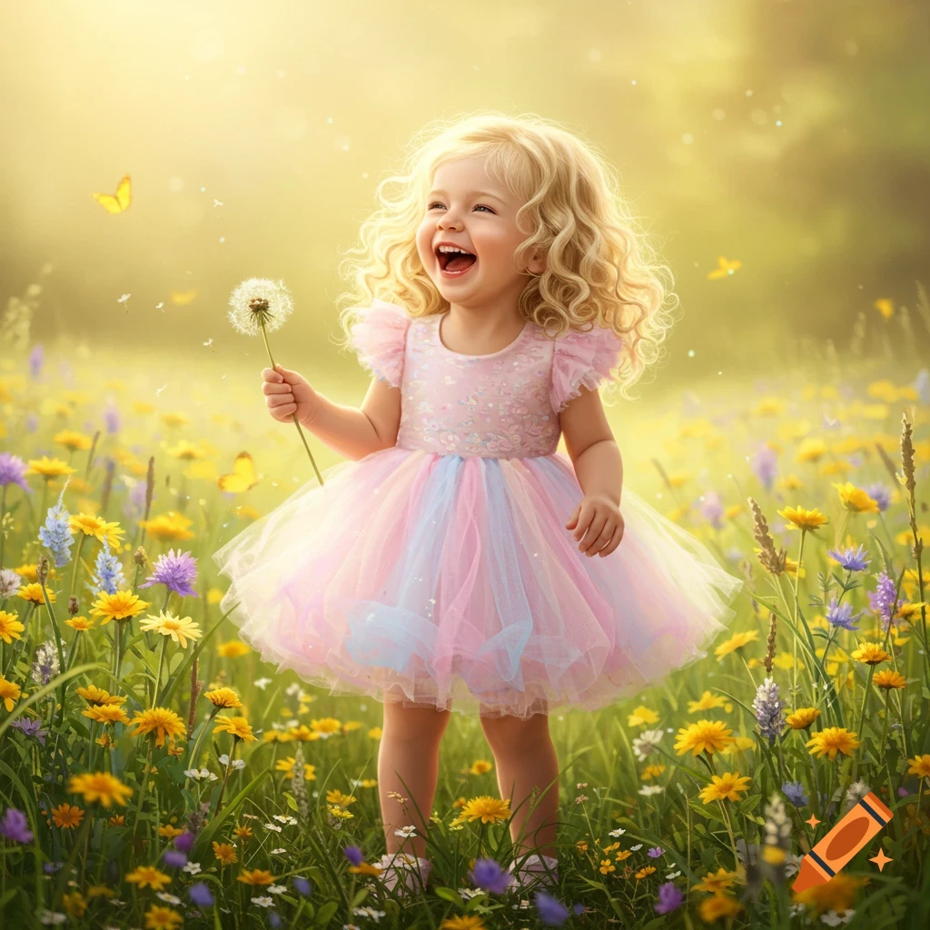 A young blonde girl laughing joyfully, holding a dandelion in a sunny, photorealistic field of colorful flowers.