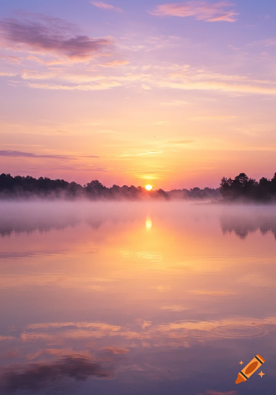 Vibrant sunrise over a misty lake with trees reflected in the calm water.