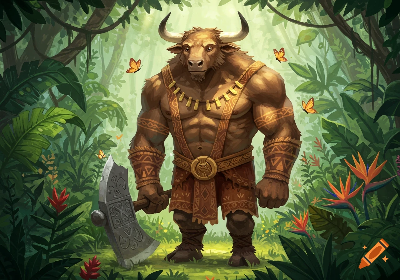A muscular minotaur (half-human, half-bull) holding an axe stands in a vibrant jungle with butterflies, in a children's book illustration style.