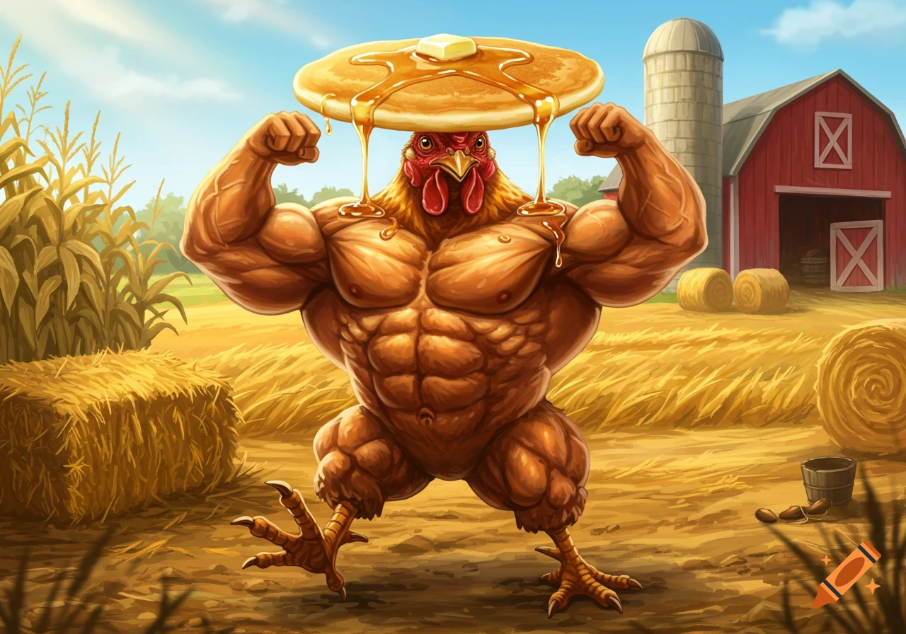 A cartoonishly muscular chicken flexing its biceps with a pancake on its head, standing in a golden farm field with a barn in the background.