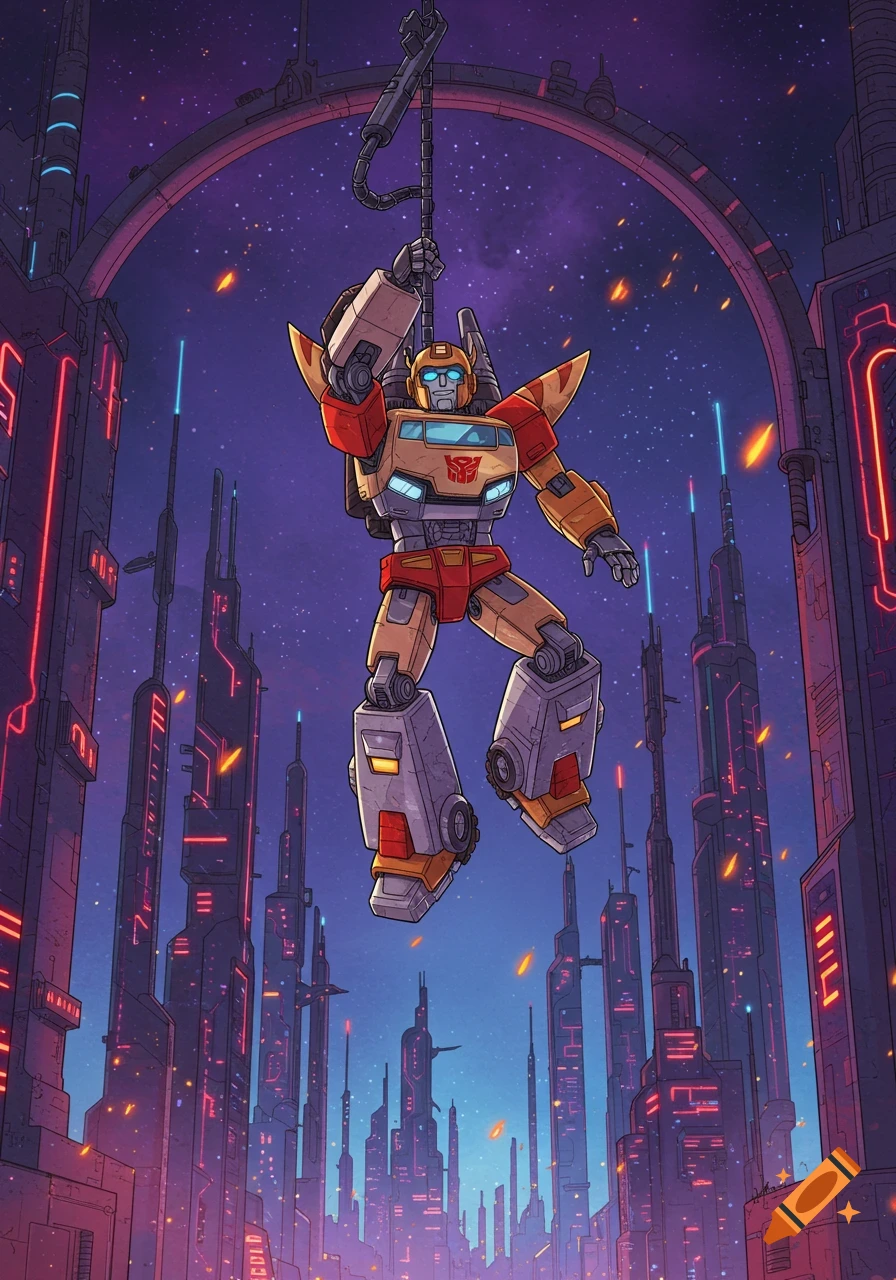 Hot Rod, a Transformers robot, hangs from a hook above a futuristic city with glowing buildings under a starry, purple sky.