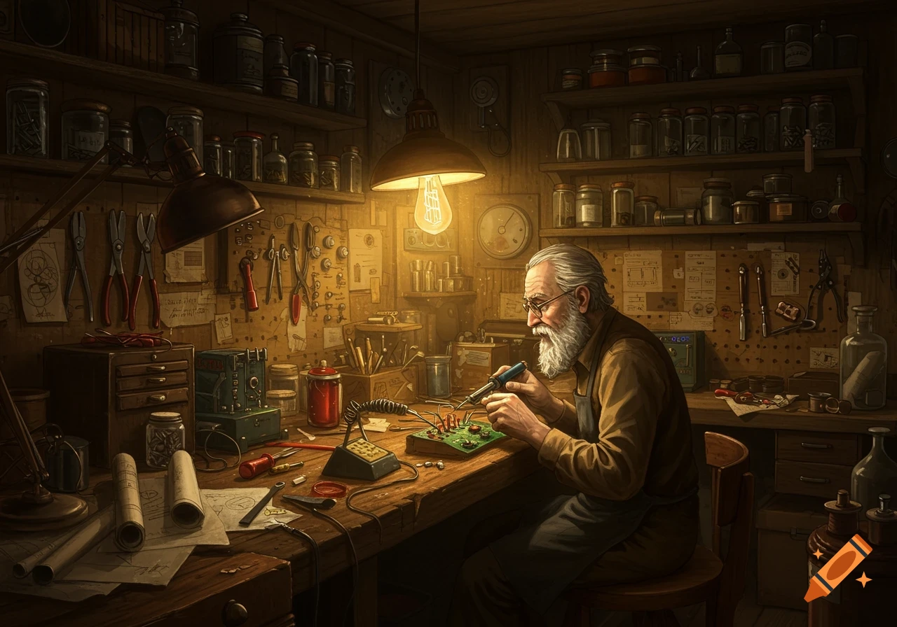 An old bearded man wearing glasses solders a circuit board on a cluttered wooden workbench in a warmly lit workshop filled with tools and jars.