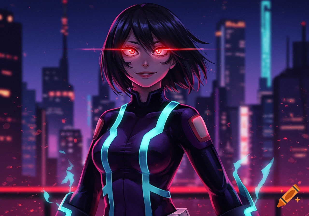 Anime girl with red glowing eyes and short black hair in a dark suit with neon blue accents, against a futuristic city.