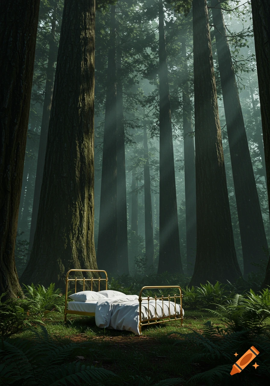 A pristine brass bed with white linens sits in a dim, misty redwood forest with sunbeams piercing through the canopy.