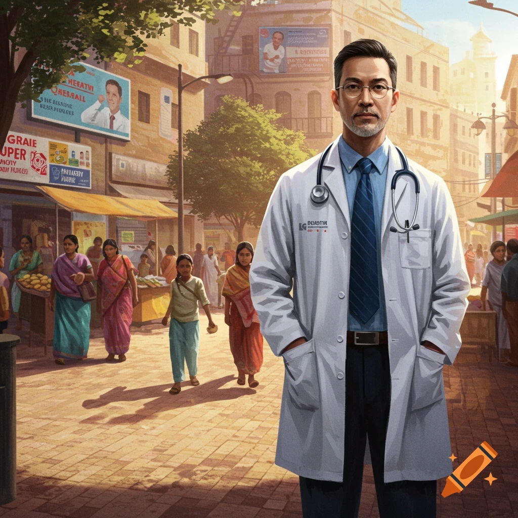 A man in a white doctor's coat and tie stands prominently in a bustling, sunny outdoor market street with people and buildings.