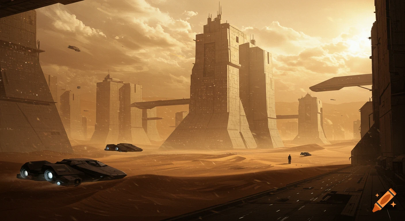 A futuristic brutalist city in a vast desert landscape under a cloudy, orange sky, with hovering vehicles and a lone figure.