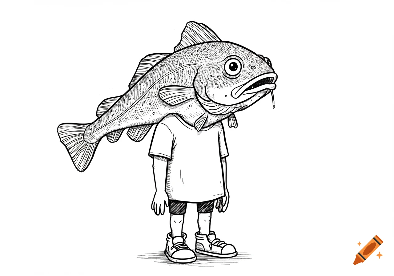 Black and white line drawing cartoon of a person with a large cod fish head standing on a white background.