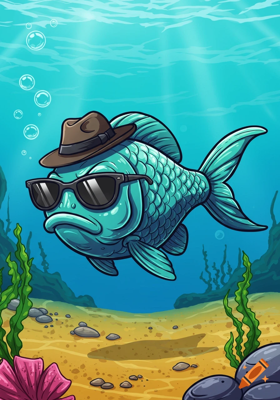 A cartoon fish wearing sunglasses and a fedora swims underwater amidst plants and rocks.
