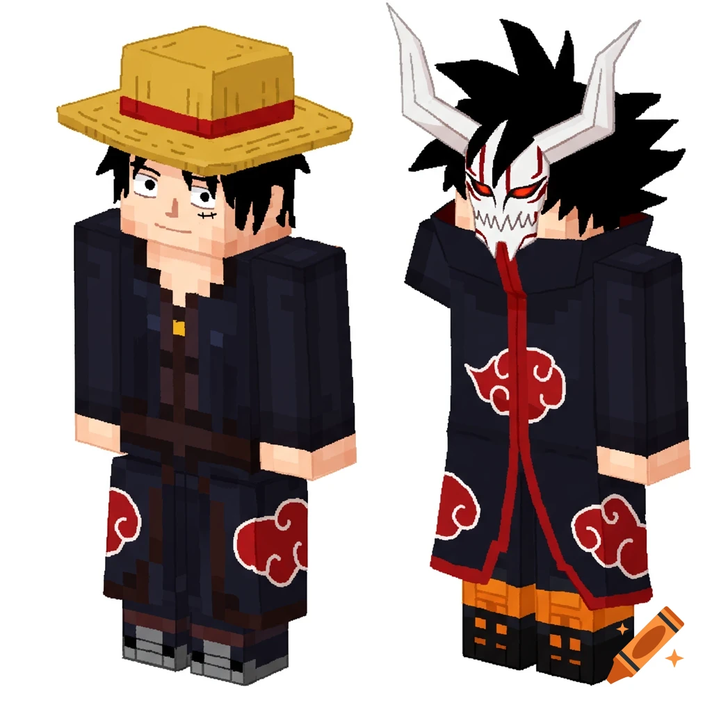 Two Minecraft pixel art characters, one resembling Monkey D. Luffy and the other Ichigo's Hollow form, both wearing Akatsuki cloaks.