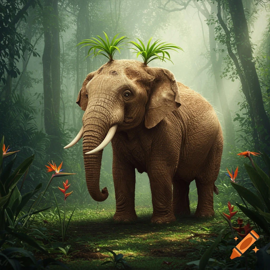 A large elephant with small palm trees growing from its head stands in a lush, sunlit jungle.