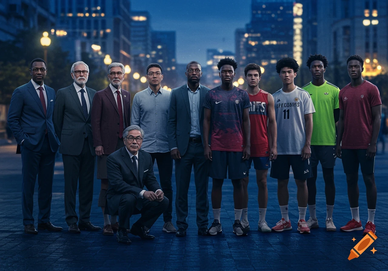 A diverse group of men of various ages and ethnicities, some in suits and some in sports clothes, pose on a city street at dusk.