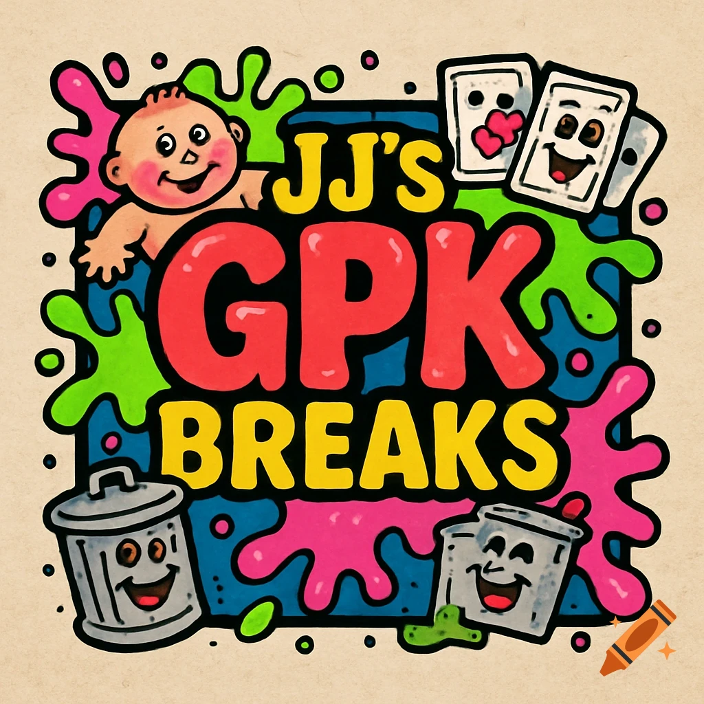 Colorful square logo for 'JJ's GPK BREAKS' in Garbage Pail Kids style, with a baby, cards, and trash cans with faces amidst paint splatters.