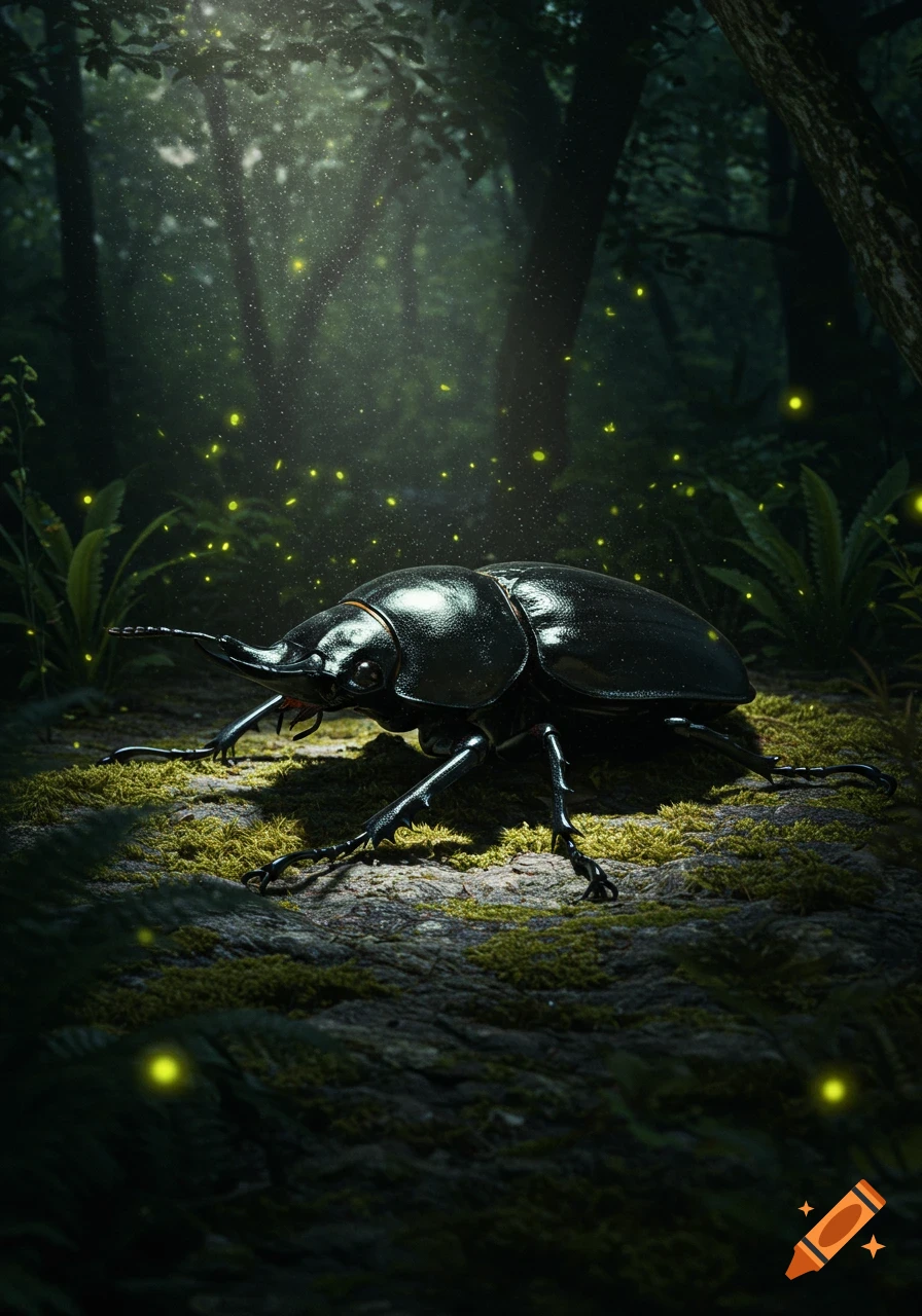 A large, black beetle stands on a mossy forest floor, illuminated by ethereal light rays and glowing specks, in a photorealistic style.