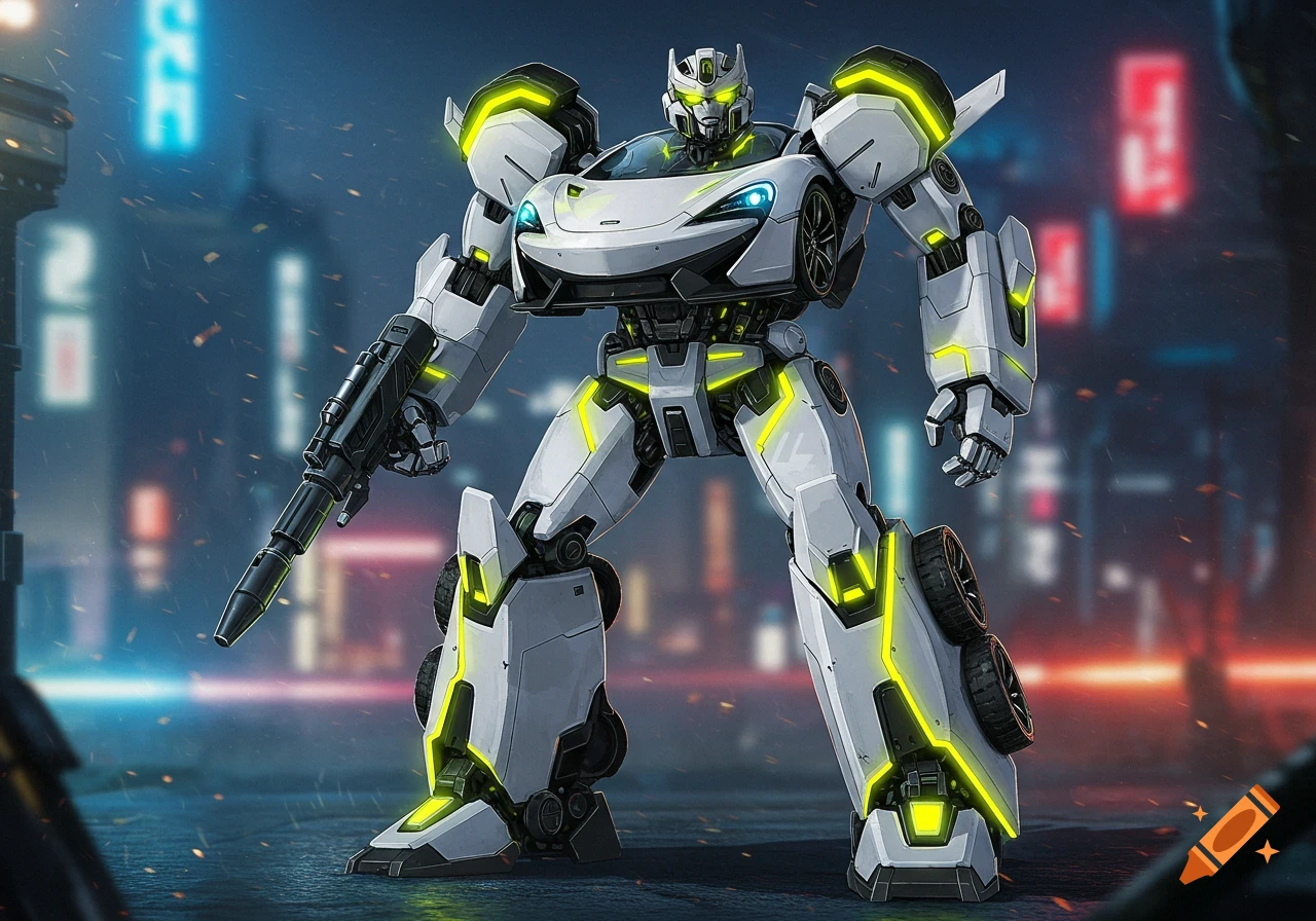 A white and neon yellow transformer robot with McLaren car parts on its body, holding a rifle in a futuristic city at night.