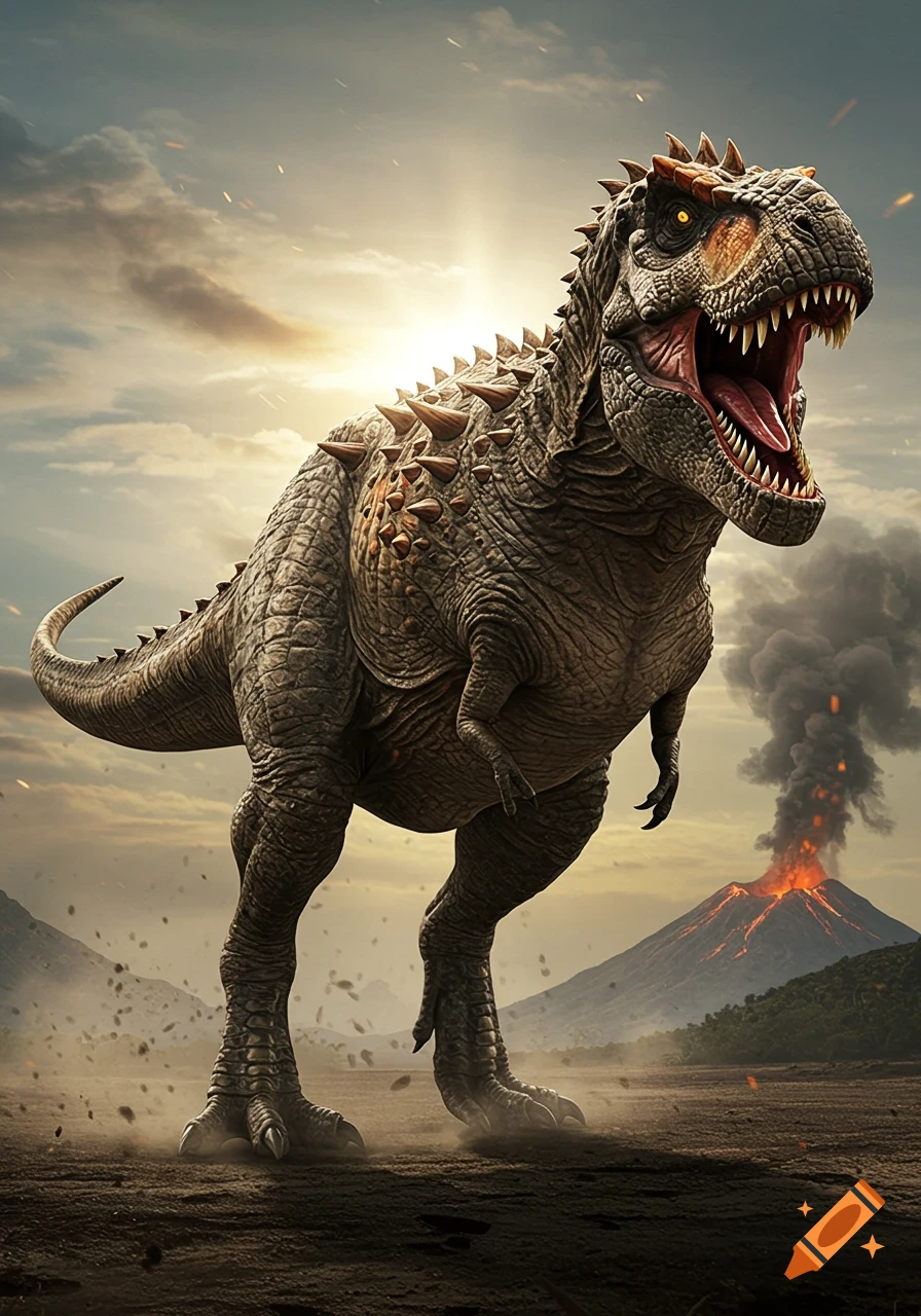 A realistic super T-Rex with spikes and armored plates stands on barren ground with an erupting volcano in the background at sunset.