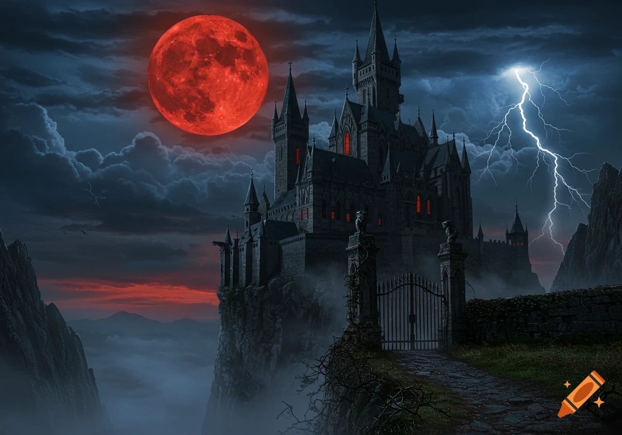 A dark, gothic castle on a cliff under a huge red blood moon with lightning striking from stormy clouds.