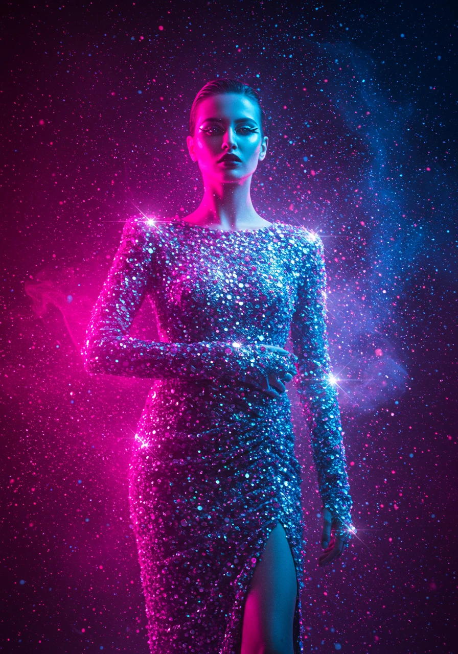A woman in a shimmering blue and pink sequined dress stands against a starry, neon-lit background with a slit in her dress.
