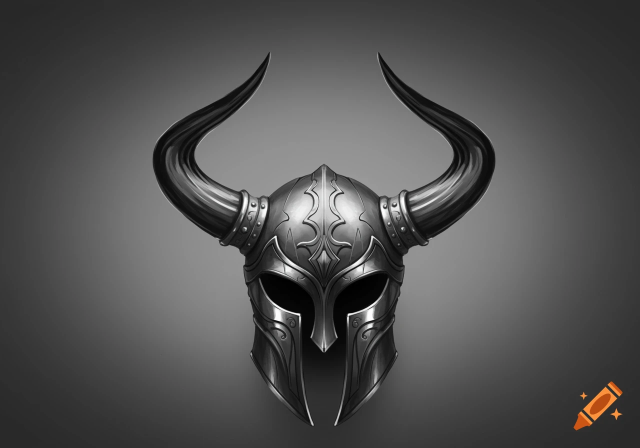 A detailed black and white illustration of a horned fantasy helmet.