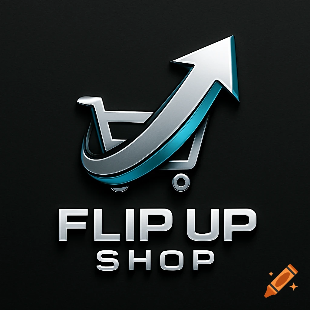 A metallic 3D logo featuring a shopping cart with an upward-curving arrow in silver and blue, above the text "FLIP UP SHOP" on a black background.