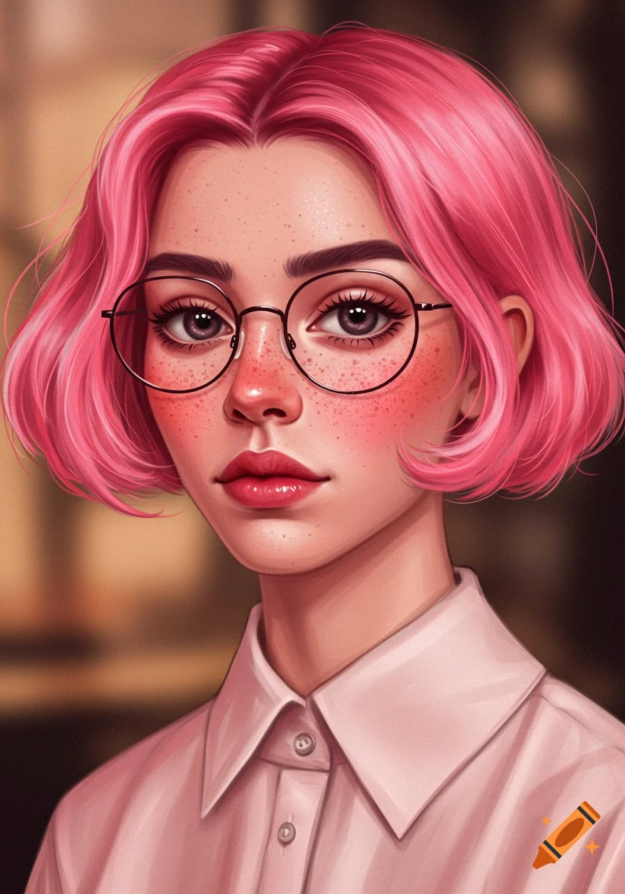 Close-up digital art portrait of a person with short pink hair, freckles, and round glasses, wearing a light pink collared shirt.