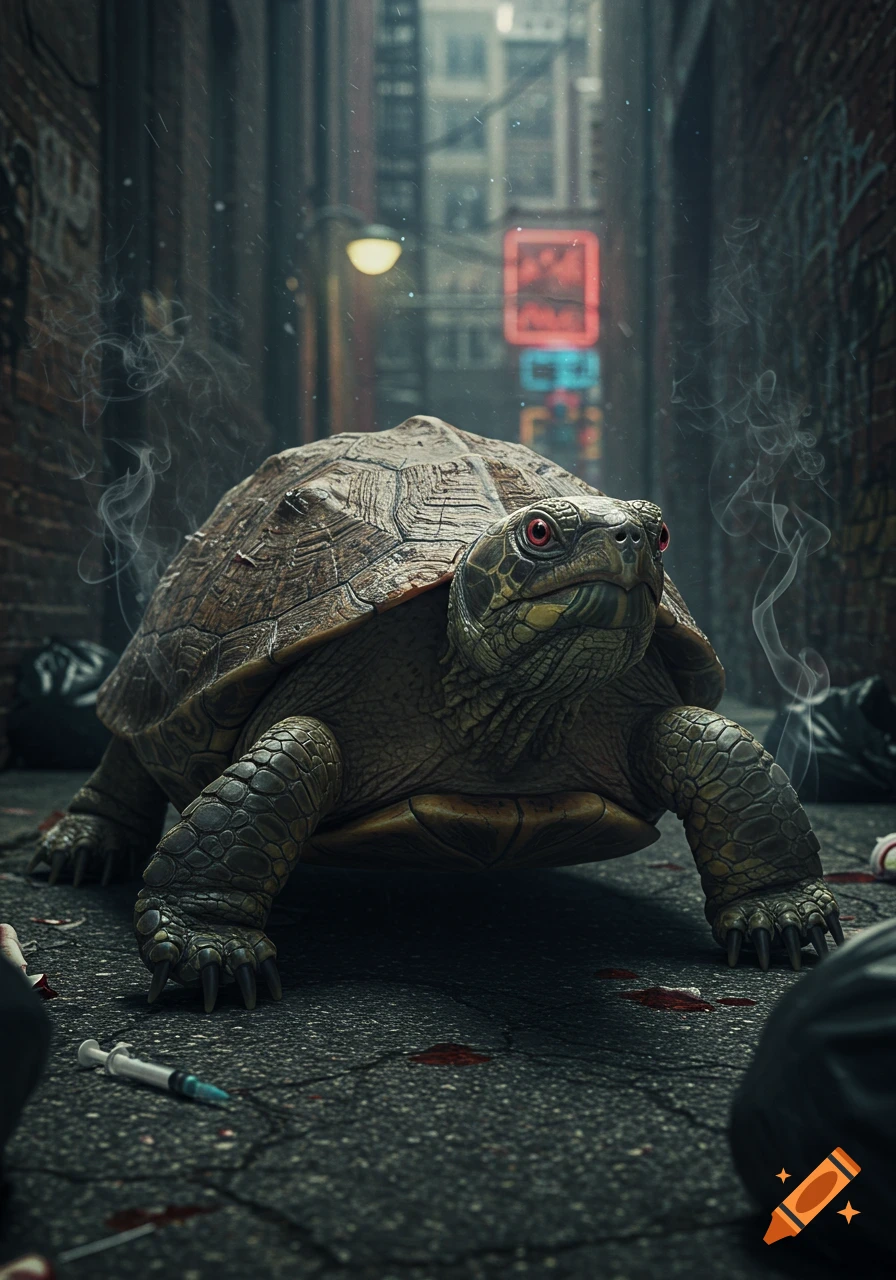 A photorealistic turtle with red eyes sits on a grimy city alley ground, surrounded by smoke, a syringe, and blood splatters. Neon signs glow in the dark background.
