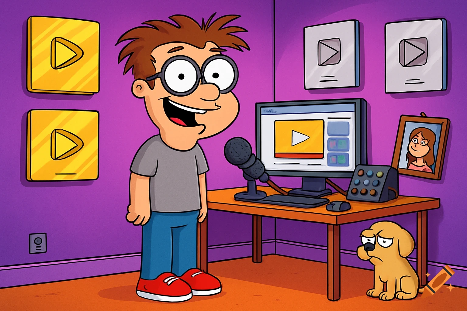 A cartoon character with glasses and messy hair stands in a purple room with YouTube play buttons, a computer, a microphone, and a sad dog.