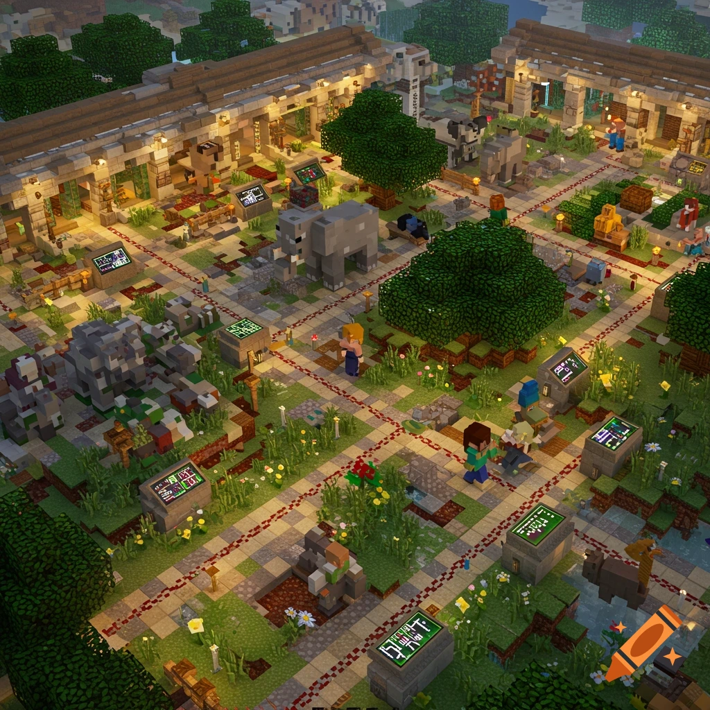 An overhead view of a detailed Minecraft zoo build, featuring blocky animals, trees, visitor paths, and buildings under a soft light.