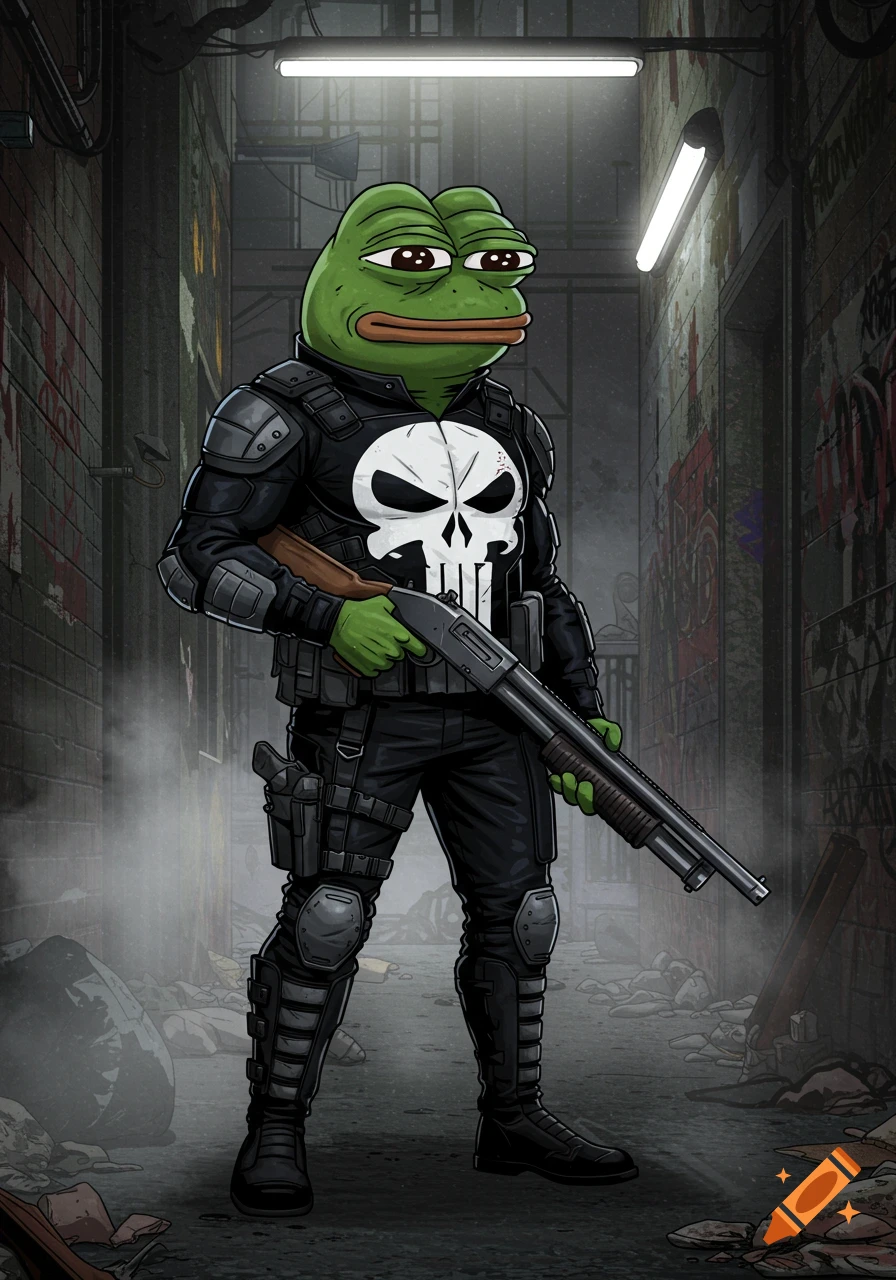Pepe the frog as The Punisher holding a shotgun in a dim alley, comic art.