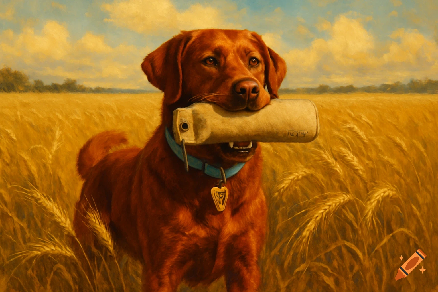 A red Labrador Retriever stands in a golden barley field, holding a tan training dummy in its mouth, in a painterly style.
