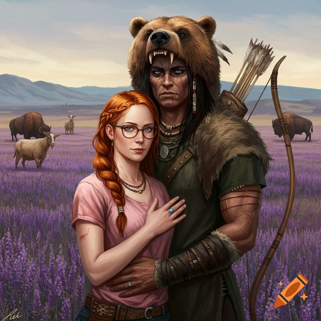 Digital painting of a red-haired woman and a man in a bear headdress embracing in a lavender field with bison.