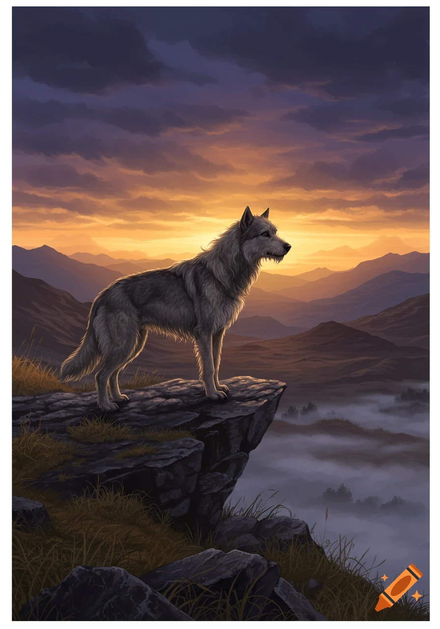 A grey wolf-like dog stands on a rocky cliff, looking out over a misty mountain valley under a dramatic sunset sky.