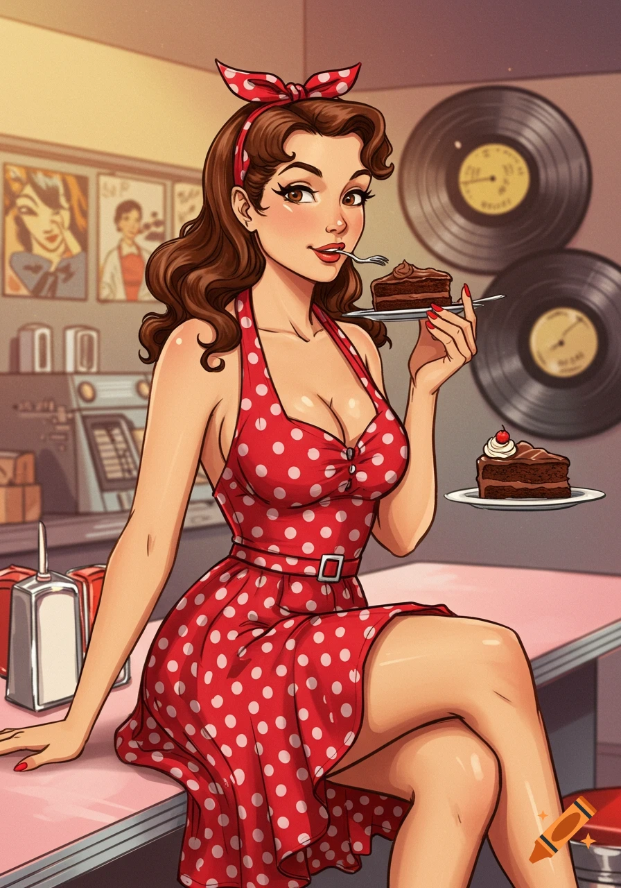 A charming brunette pin-up girl in a red polka dot dress sits on a diner counter, eating chocolate cake. Illustrated in a retro cartoon style.