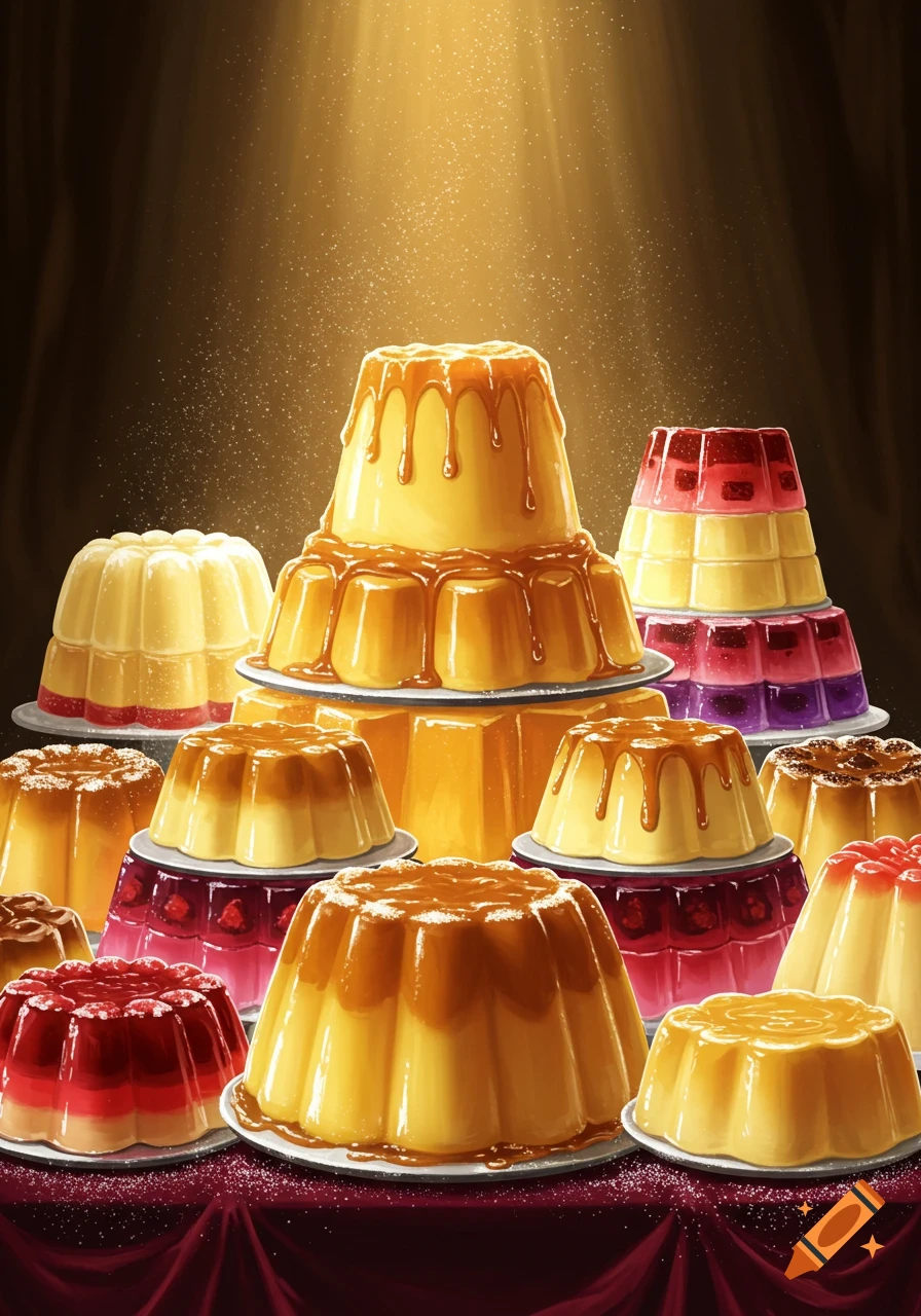 Illustrative painting of a grand display of colorful puddings and jellies, including a large caramel-covered one, illuminated by golden light.