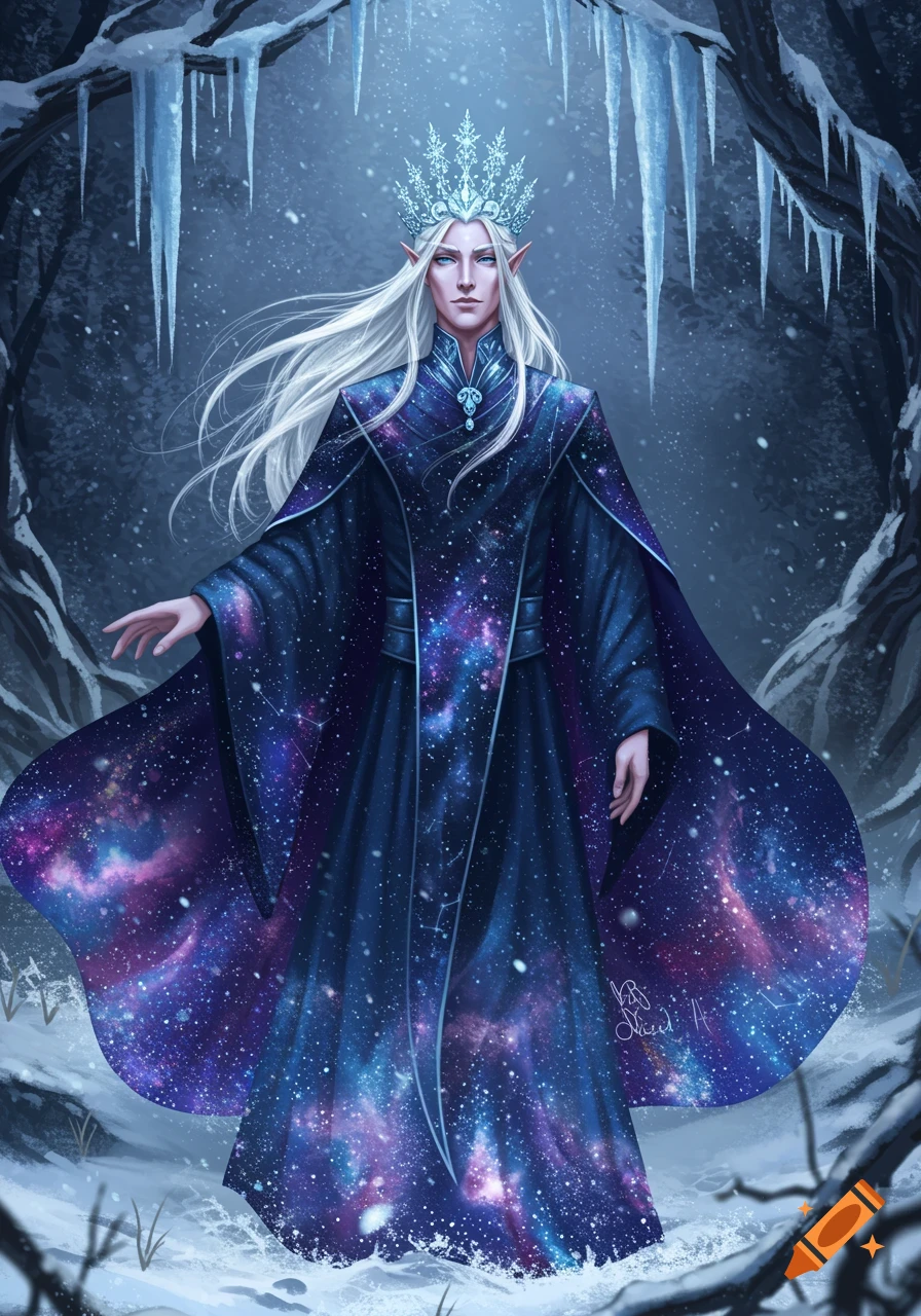 A regal frost elf prince with long white hair and a snowflake crown stands in a snowy forest, wearing a galaxy-patterned dark blue robe.