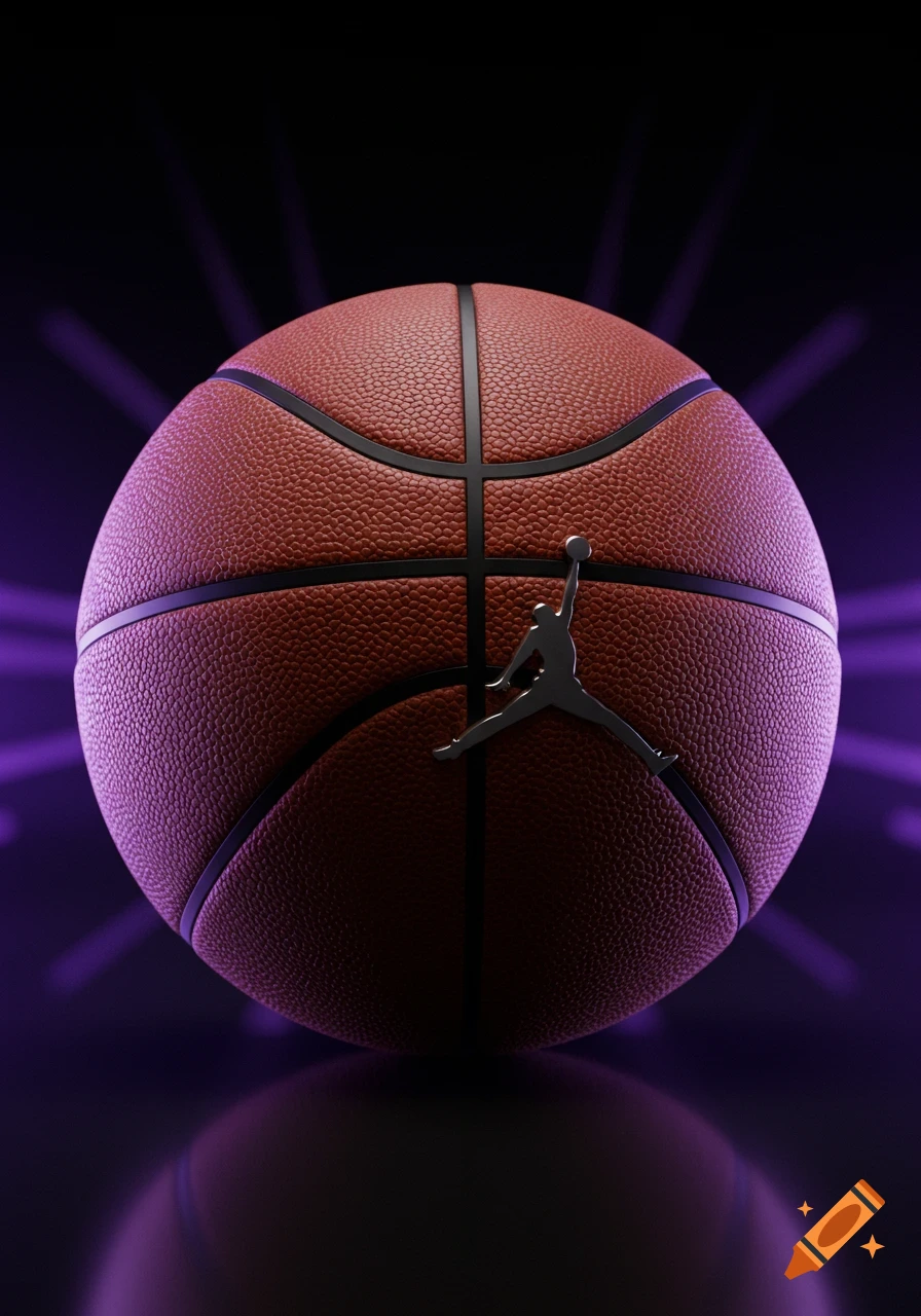 A photorealistic brown basketball with a black Jordan Jumpman logo sits on a reflective surface against a dark background with purple light rays.
