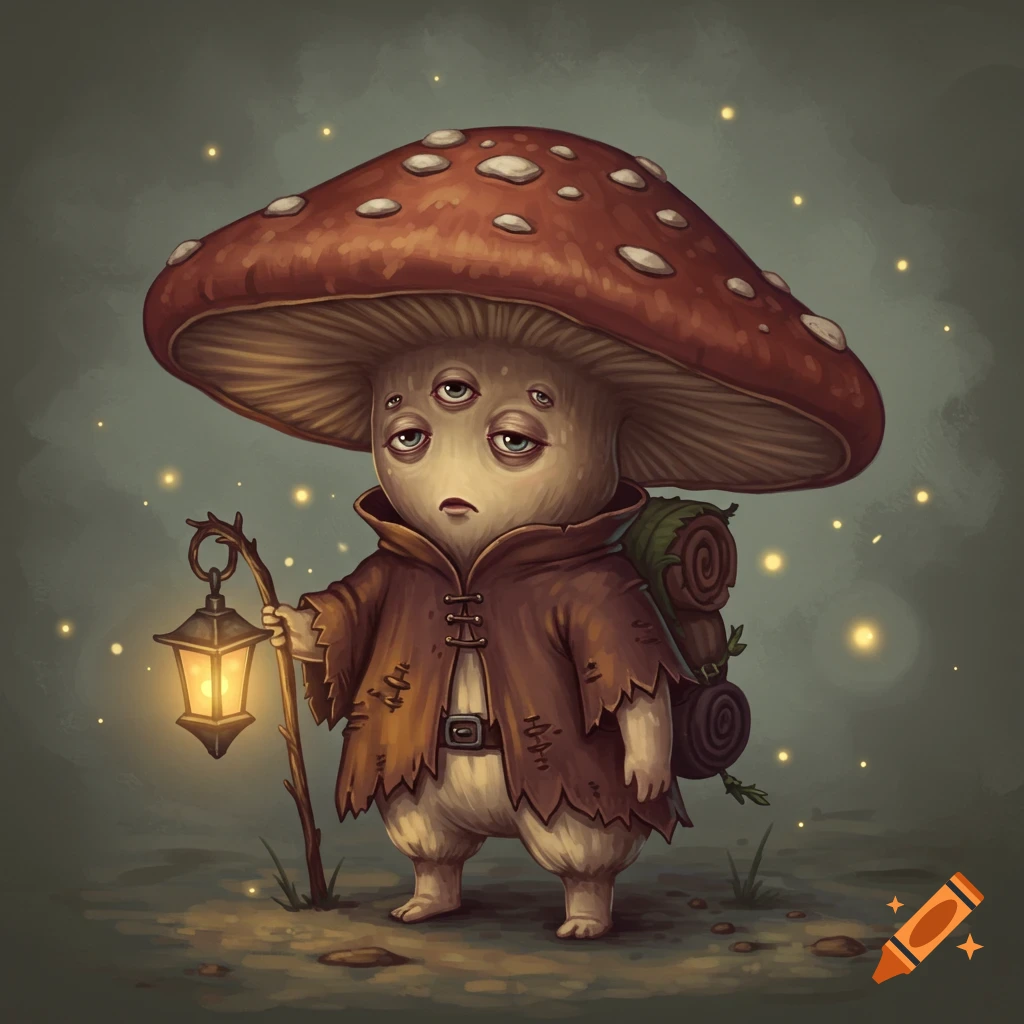 A fantasy mushroom creature with multiple sleepy eyes, wearing a tattered cloak and holding a glowing lantern.