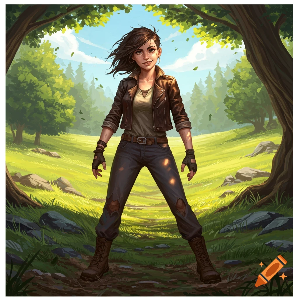 An illustrated tomboy with shoulder-length hair, wearing a brown leather jacket and jeans, stands in a vibrant green forest clearing.