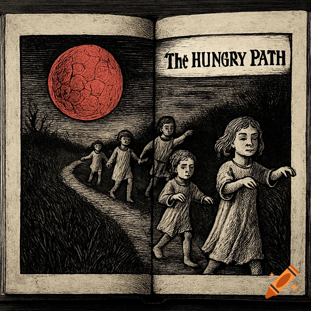 A woodcut illustration of an open book titled 'The HUNGRY PATH'. On the left page, children sleepwalk along a path under a large red, cracked moon. On the right page, more children walk forward.