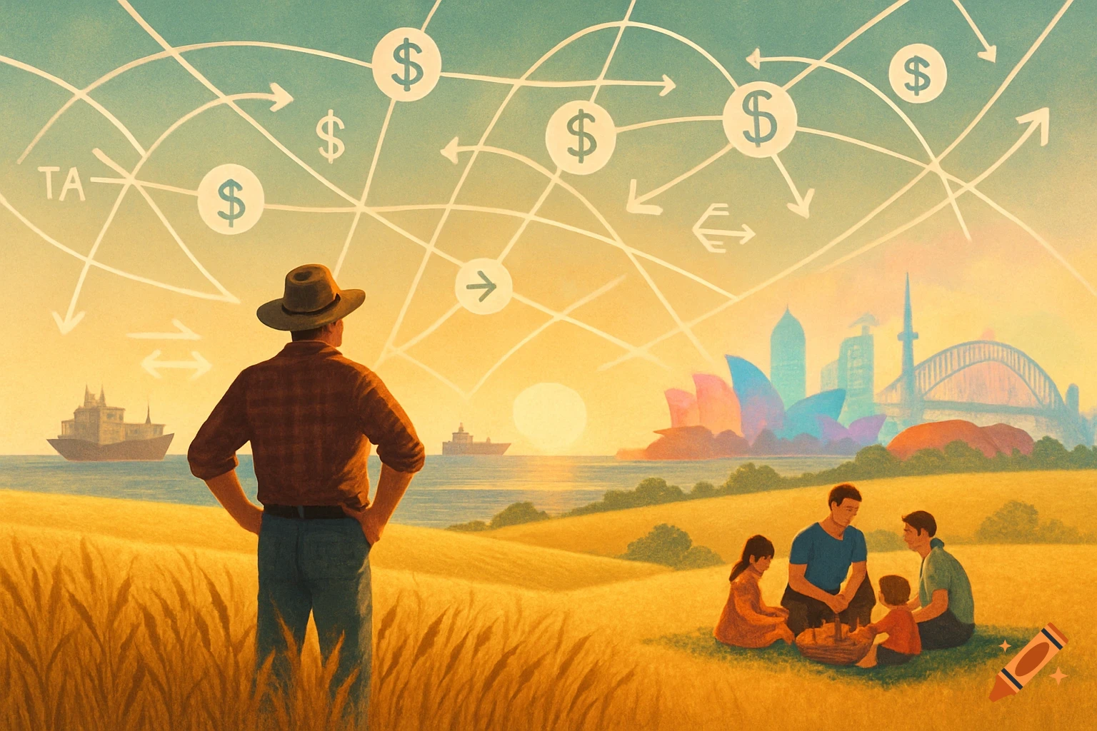 An illustrative scene with a farmer overlooking a cityscape, ships, and a family, with economic symbols like dollar signs and arrows.