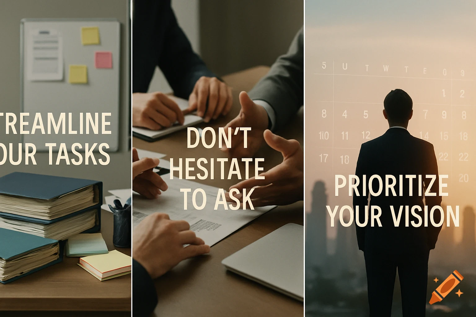 A three-panel collage: left, a desk with 'STREAMLINE OUR TASKS'; center, a business meeting with 'DON'T HESITATE TO ASK'; right, a person overlooking a city with 'PRIORITIZE YOUR VISION'.